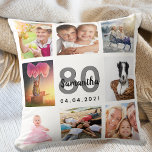 Geburtstagskollektorin Weiß des Fotos Kissen<br><div class="desc">Ein einzigartiges Geschenk für eine Frau 80. Geburtstag,  feiert ihr Leben mit einer Collage von 8 Ihrer eigenen Fotos,  Bilder. Personalisieren und fügen Sie ihren Namen,  Alter 80 und ein Datum. Ein schick weißer Hintergrund. Graue und schwarze Buchstaben und Zahlen. Der Name ist mit einem modernen handgeschriebenen Stilskript geschrieben.</div>