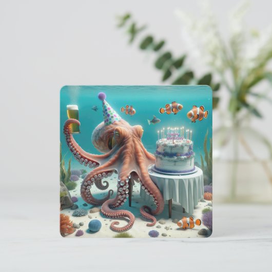 Geburtstagsktopus mit Bier Einladung (Stehend Vorderseite)