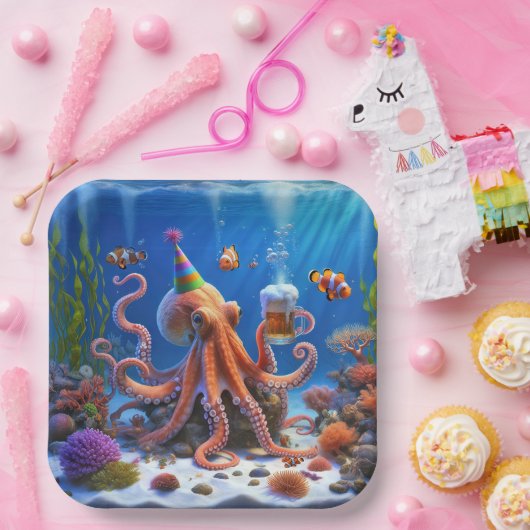 Geburtstagsktopus mit Bier Pappteller (Party)