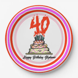 Geburtstagskuchen auf Feuer mit 40 Kerzen Pappteller