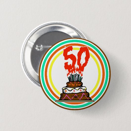 Geburtstagskuchen auf Feuer mit 50 Kerzen Button (Vorne & Hinten)