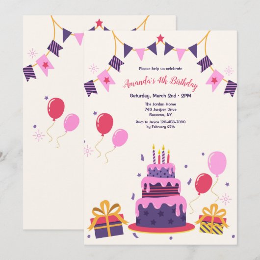 Geburtstagskuchen Einladung (Vorne/Hinten)