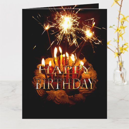 Geburtstagskuchen mit Sparklern, Karte (Gelbe Blume)