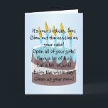 Geburtstagskuchen Personalisiert Son Geburtstag Karte<br><div class="desc">Grußkarte Geburtstagskuchen Sohn Geburtstagskarte. Passen Sie diese Geburtstagskarte mit jedem beliebigen Text an und lassen Sie sie dann ausdrucken und an Sie senden oder laden Sie sie sofort auf Ihr Mobiltelefon herunter. Wenn Sie Hilfe bei der Anpassung benötigen, kontaktieren Sie uns über den Link auf dieser Seite. Cake Design personalisierte...</div>