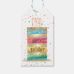 Geburtstagskuchen und Confetti "Happy Birthday" Geschenkanhänger