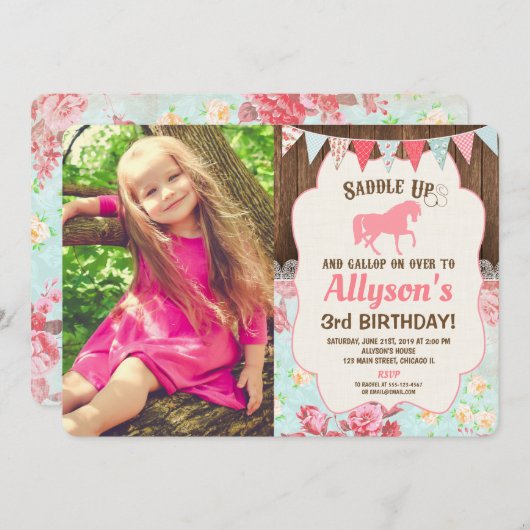 Geburtstagskuhmädchen aus blumengeschmücktem Foto Einladung (Vorne/Hinten)
