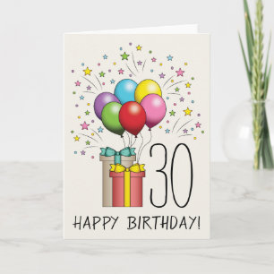 Geburtstagsluftballons und Geschenke mit Alter und Karte