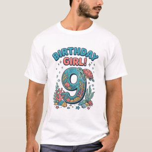 Geburtstagsmädchen 9 Ozean-Schildkröte Vektor-Desi T-Shirt