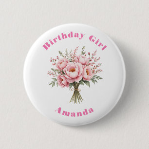 Geburtstagsmädchen Hübscher Rosa Pfingstrosen-Blum Button