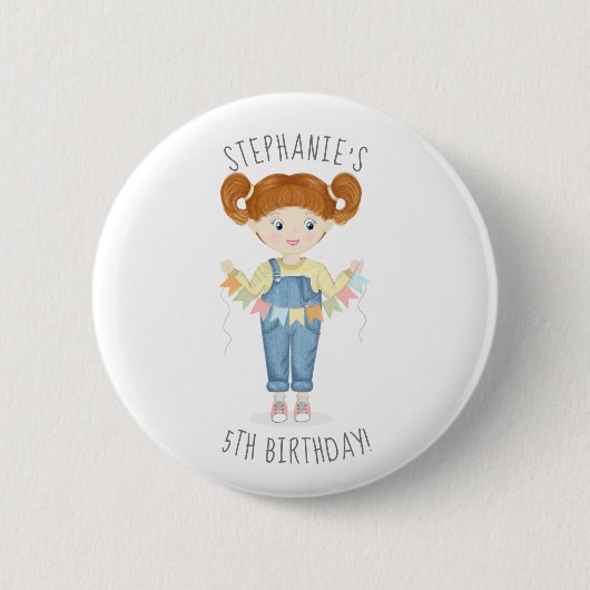 Geburtstagsmädchen in Overalls Redhead Button (Vorderseite)