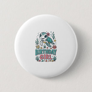 Geburtstagsmädchen Meeresschildkröte Vintage Gravu Button
