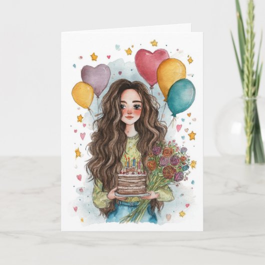 Geburtstagsmädchen mit Ballons Karte (Vorderseite)