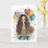 Geburtstagsmädchen mit Ballons Karte (Gelbe Blume)