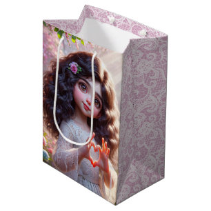 Geburtstagsmädchen mit Fingern, die ein Herz forme Mittlere Geschenktüte