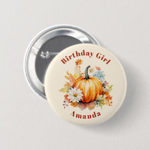 Geburtstagsmädchen Orange Kürbis und Blumen Herbst Button