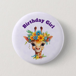 Geburtstagsmädchen Süße Giraffe mit Blumenkrone Button