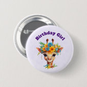 Geburtstagsmädchen Süße Giraffe mit Blumenkrone Button (Vorne & Hinten)