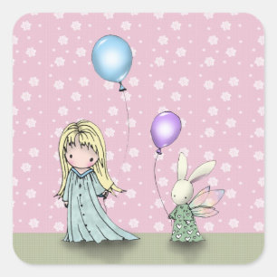 Geburtstagsmädchen und Hase mit Ballonaufklebern Quadratischer Aufkleber