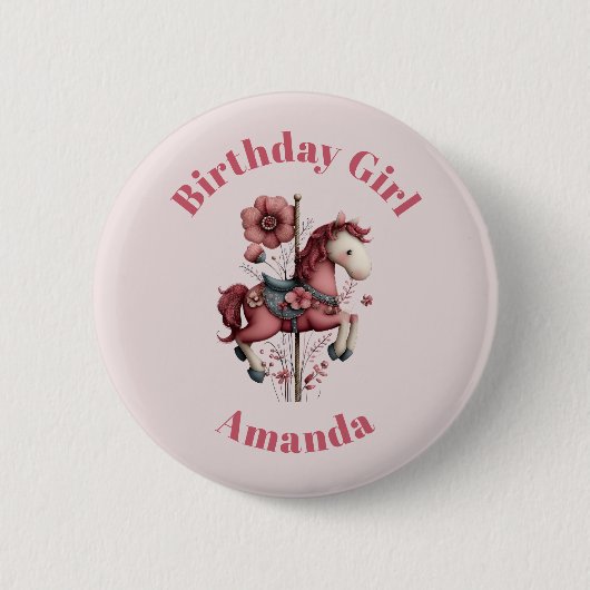 Geburtstagsmädchen Whimsical Karussellpferd Bild Button (Vorderseite)