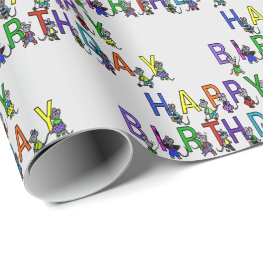 Geburtstagsmäuse auf Grau Geschenkpapier (Rolleneckpunkt)