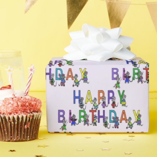 Geburtstagsmäuse auf Lila Geschenkpapier (Geburtstagsparty)