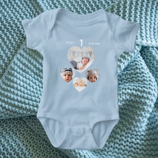 Geburtstagsname Alter Foto Collage Baby Boy Blau Baby Strampler