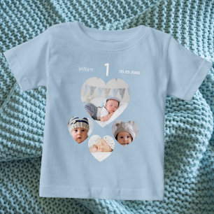 Geburtstagsname Alter Foto Collage Baby Boy Blau T-shirt