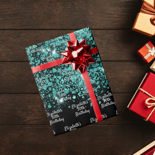Geburtstagsname aquamariner grüner Glitzer Staubna Geschenkpapier