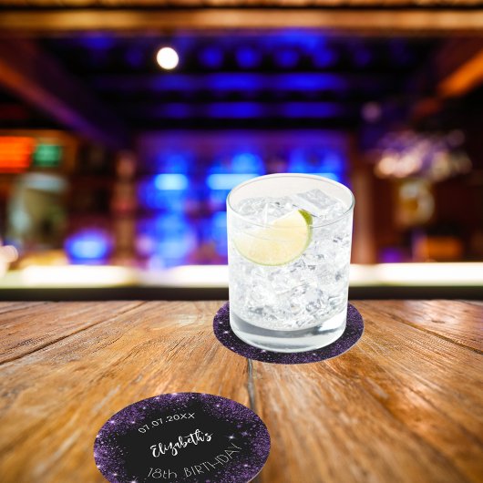 Geburtstagsname lila Glitzer Mädchenname Runder Pappuntersetzer