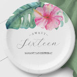 Geburtstagspapier Teller Sweet 16 Tropical<br><div class="desc">Die Teller sind mit tropischen Aquarellfarben-Hibiskus-Blume in Rosatönen mit Monstera-Palmen-Blätter gestaltet. Die Worte "16 . Geburtstag" sind Set in trendiger Typografie. Ideal für ein Party im Sommer mit einem Luau-Thema. Einzigartige tropische Kunst von Victoria Grigaliunas von Do Tell A Belle.</div>