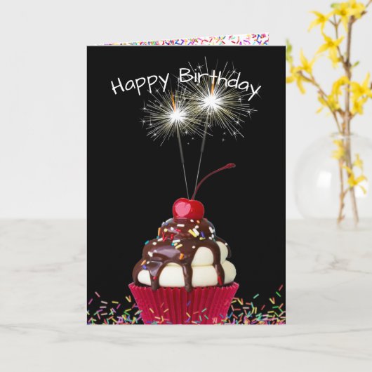 Geburtstagsparkler auf Cupcake Karte (Gelbe Blume)