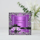 Geburtstagspartei Lila Silberschwarzer Bogen Einladung (Stehend Vorderseite)