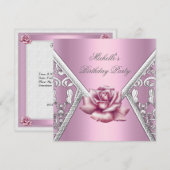 Geburtstagspartei Rosa Damaskus Silber Bild Einladung (Vorne/Hinten)