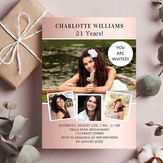 Geburtstagspartei Rose Gold Foto Collage Einladungspostkarte