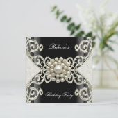 Geburtstagspartei Schwarz-weiß Creme Pearl Einladung (Stehend Vorderseite)