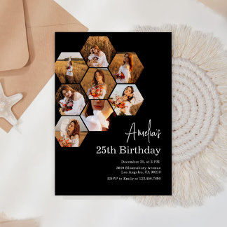 Geburtstagspartei Schwarz-weiße FotoCollage Einladung
