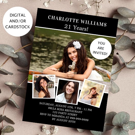 Geburtstagspartei Schwarz-weißes Foto Collage Einladung