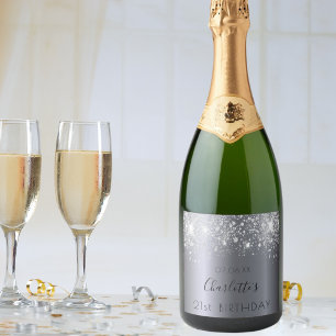 Geburtstagspartei Silberstaub-Glitzer-Monogramm Schaumweinetikett