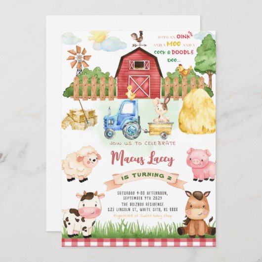 Geburtstagspartei von Landtieren Einladung (Vorne/Hinten)