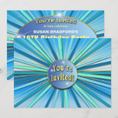 GEBURTSTAGSPARTEINVITATION - SONNENBURST BLAU/GOLD EINLADUNG (Vorne/Hinten)