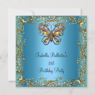 Geburtstagsparty 21. Butterfly Aquamarin Blue Gold Einladung