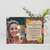 Geburtstagsparty 40. Sonnenblume Wood Burlap Foto Einladung (Stehend Vorderseite)