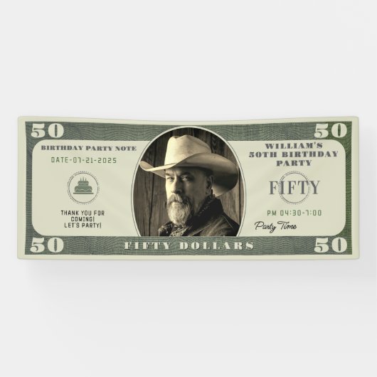 Geburtstagsparty 50 Dollar Banner (Horizontal)