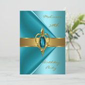 Geburtstagsparty 50. Velvet Aquamarin Perlgoldschm Einladung (Stehend Vorderseite)