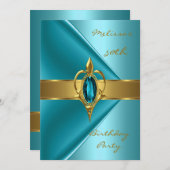 Geburtstagsparty 50. Velvet Aquamarin Perlgoldschm Einladung (Vorne/Hinten)