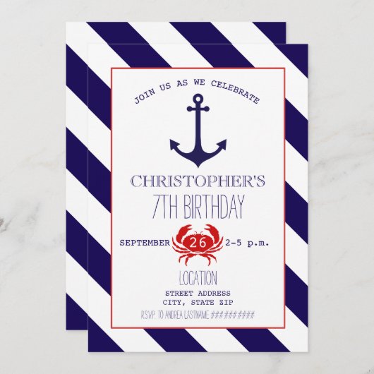 Geburtstagsparty - Anker + Krabbe Einladung (Vorne/Hinten)