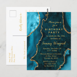 Geburtstagsparty aquamarin Blue and Gold Agate Mar Postkarte