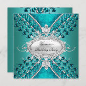 Geburtstagsparty Aquamarin Blue Diamond Beads Einladung (Vorne/Hinten)