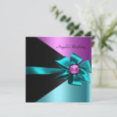 Geburtstagsparty Aquamarin Blue Pink Black Einladung (Stehend Vorderseite)