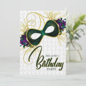 Geburtstagsparty auf Mardi Gras Mask Einladung (Stehend Vorderseite)